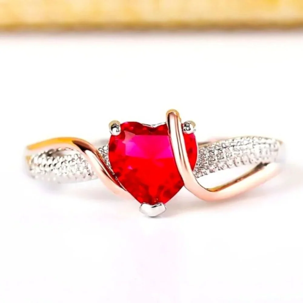 New Beautiful 18K Gold Over 925 Silver Ruby Heart Diamond Ring